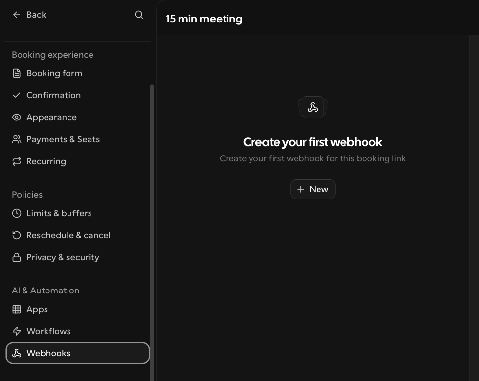 Adding a webhook on a single Cal.com event type under Advanced → Webhooks