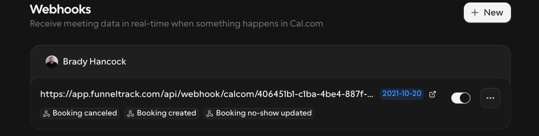 Cal.com webhook configuration with the FunnelTrack subscriber URL and the three booking triggers enabled