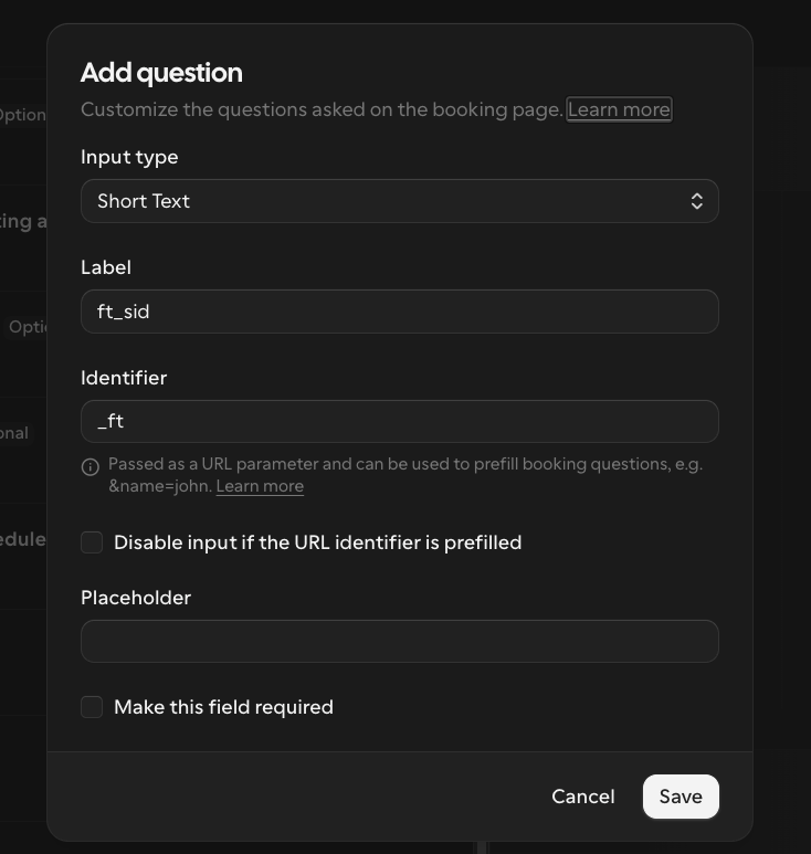 Configuring the hidden ft_sid booking question in Cal.com