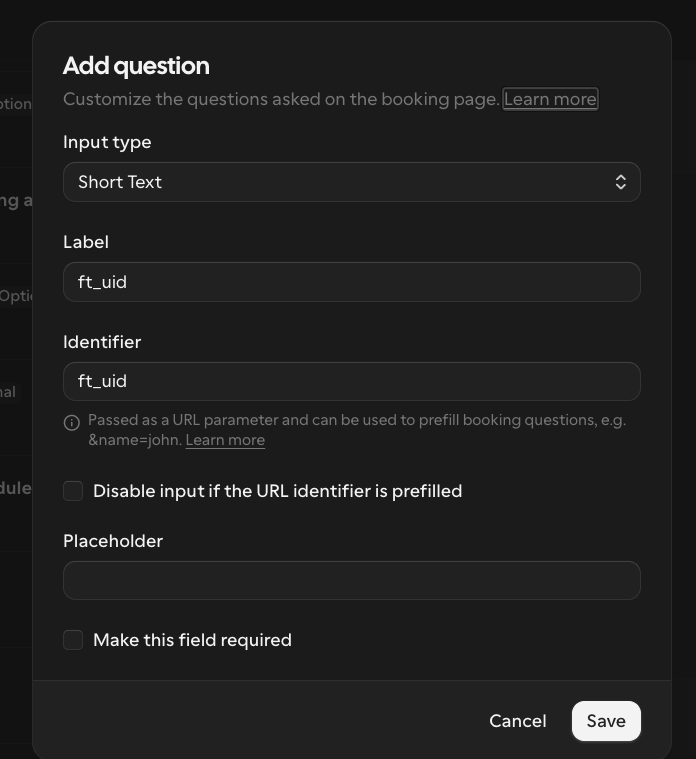Configuring the hidden ft_uid booking question in Cal.com