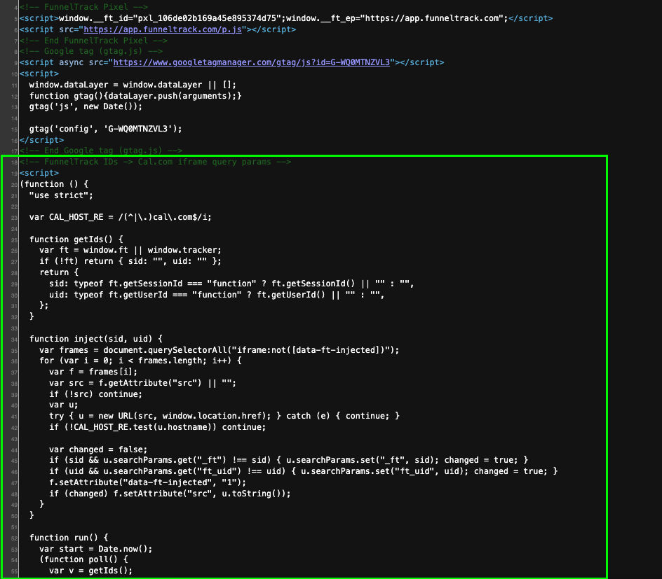 The FunnelTrack Cal.com injector script added to a scheduler page's custom code / footer, after the FunnelTrack pixel