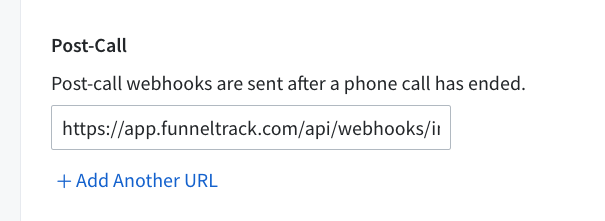 Pasting the FunnelTrack webhook URL in CallRail's Post-Call webhook field