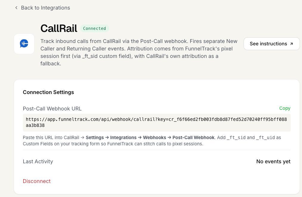 FunnelTrack CallRail integration page showing the generated Post-Call Webhook URL with a Copy button