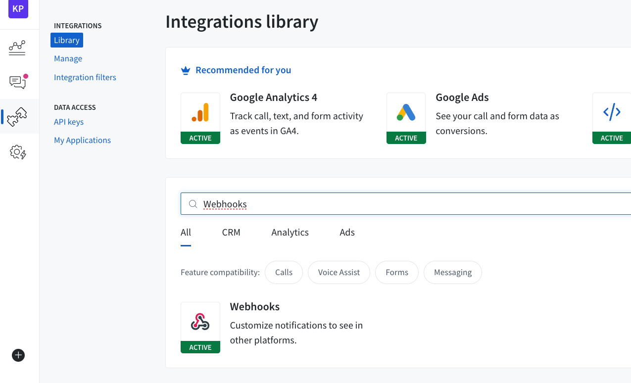 CallRail Integrations library with Webhooks found in the catalog