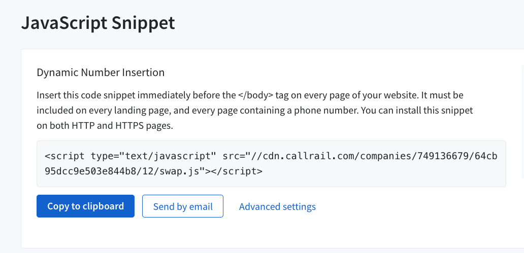 CallRail JavaScript Snippet (Dynamic Number Insertion swap.js) with a Copy to clipboard button
