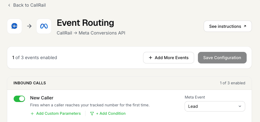 FunnelTrack Event Routing for CallRail to Meta Conversions API with New Caller enabled and Meta Event set to Lead