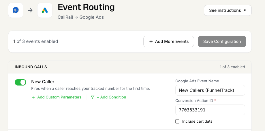 FunnelTrack Event Routing for CallRail to Google Ads with New Caller enabled, event name and Conversion Action ID filled in