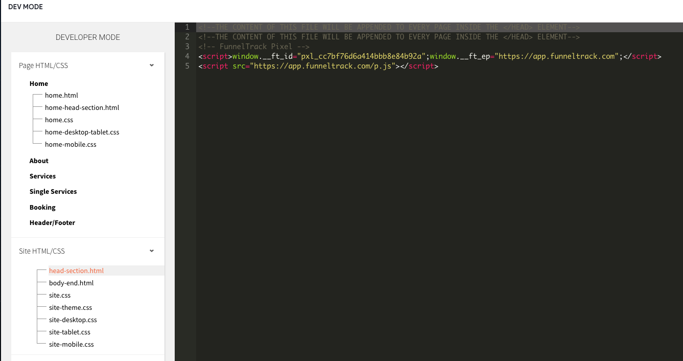 Duda site-wide Head HTML with the FunnelTrack pixel added