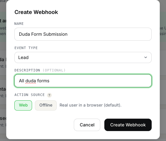 FunnelTrack create custom webhook dialog with the Web action source selected
