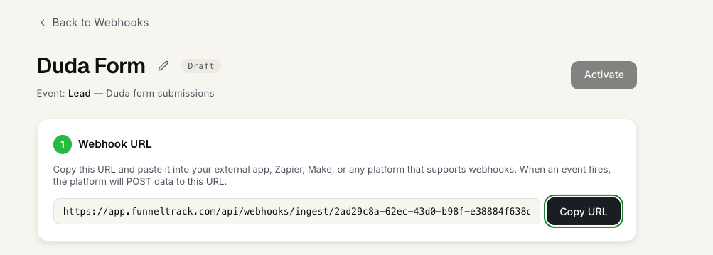FunnelTrack custom webhook detail showing the ingest URL to copy