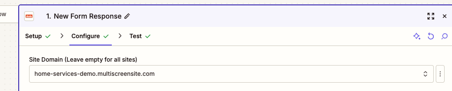 Zapier Duda trigger with a website selected