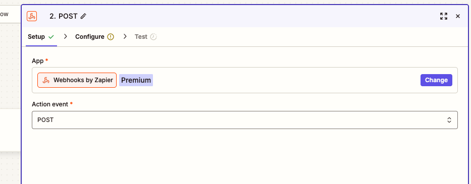 Zapier action step with Webhooks by Zapier POST selected