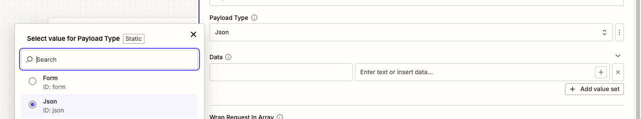 Zapier POST action with Payload Type set to JSON