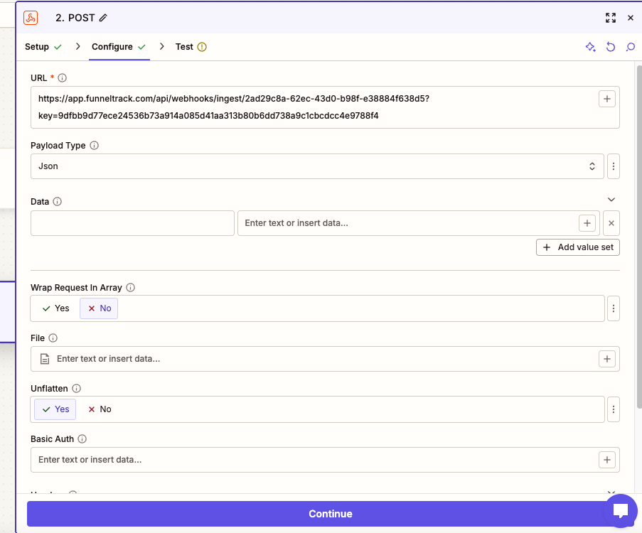 Zapier POST action full settings with the URL, JSON payload type, and Data fields