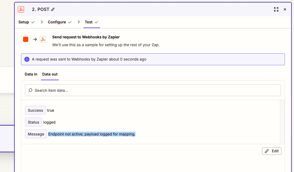 Zapier test results showing a successful POST to FunnelTrack
