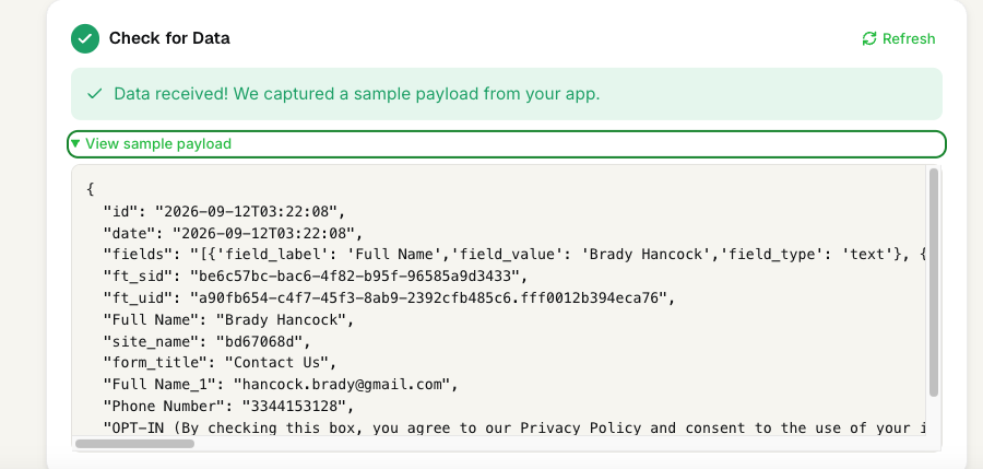 FunnelTrack custom webhook showing the received sample payload