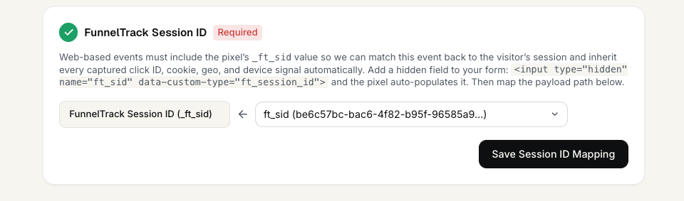 FunnelTrack mapping ft_sid to the FunnelTrack Session ID field