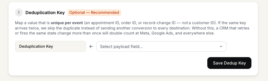FunnelTrack custom webhook with the deduplication key field left empty
