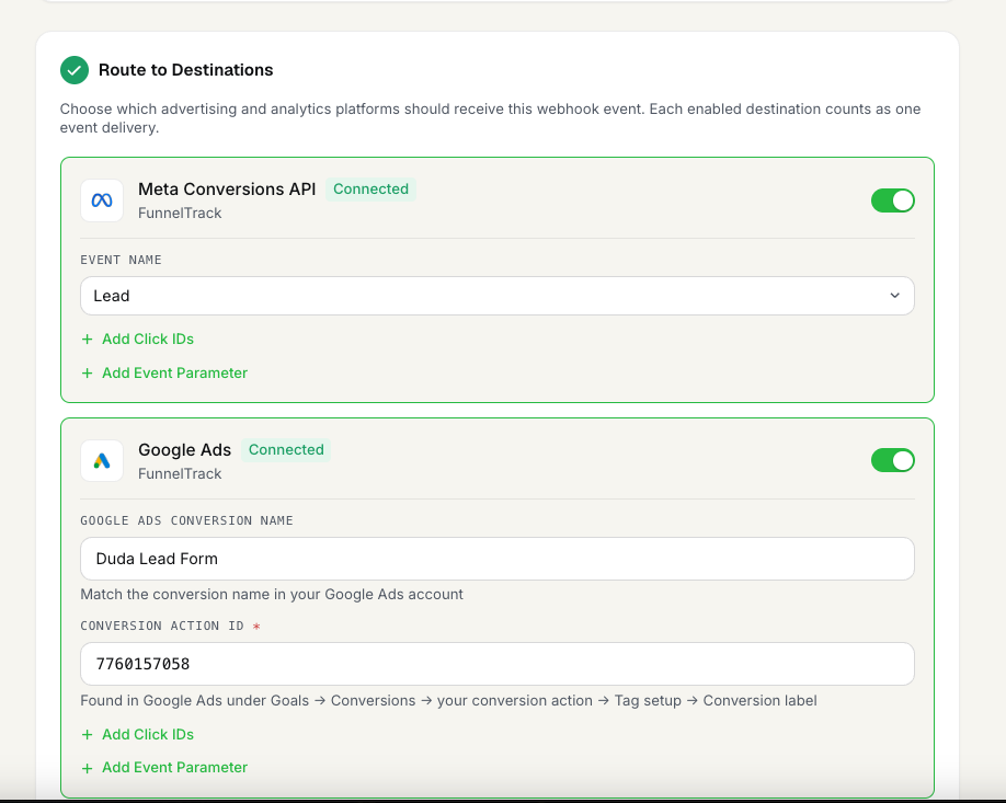 FunnelTrack custom webhook routing to ad platform destinations