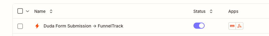 Zapier showing the Duda-to-FunnelTrack Zap turned on