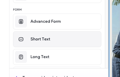 Duda form field type picker with Short Text highlighted