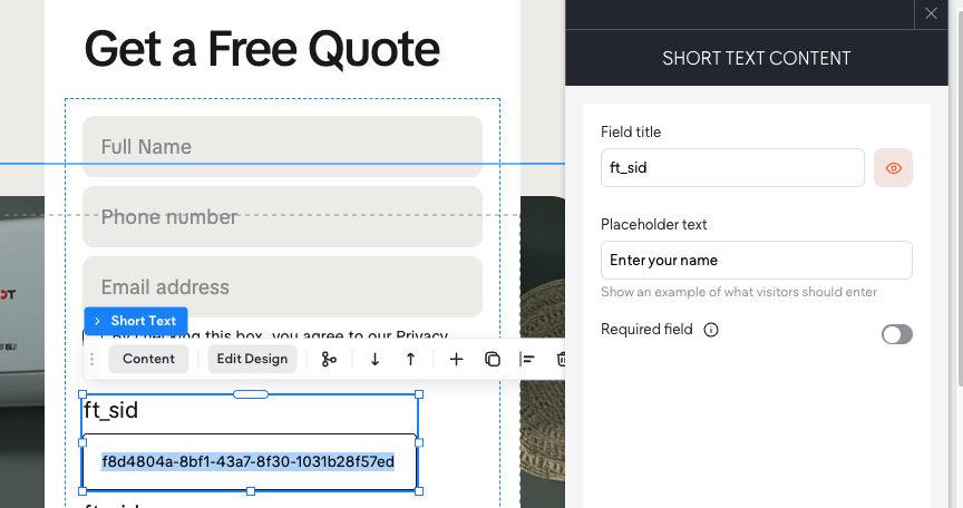 Duda form editor adding the ft_sid Short Text field, already populated with a session id