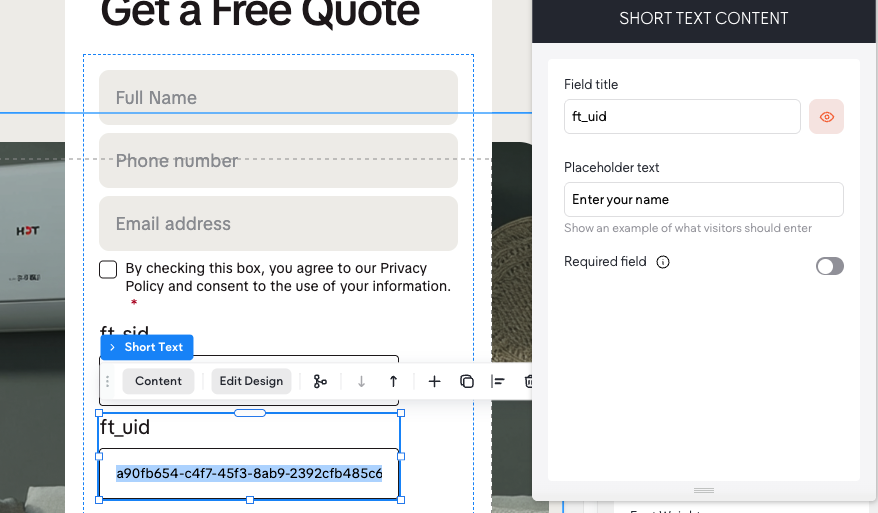 Duda form editor adding the ft_uid Short Text field, populated with a visitor id