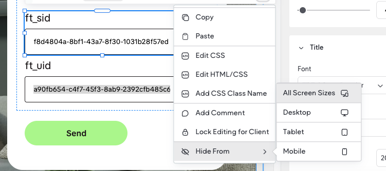 Duda right-click menu with Hide From → All Screen Sizes on the ft_sid and ft_uid fields