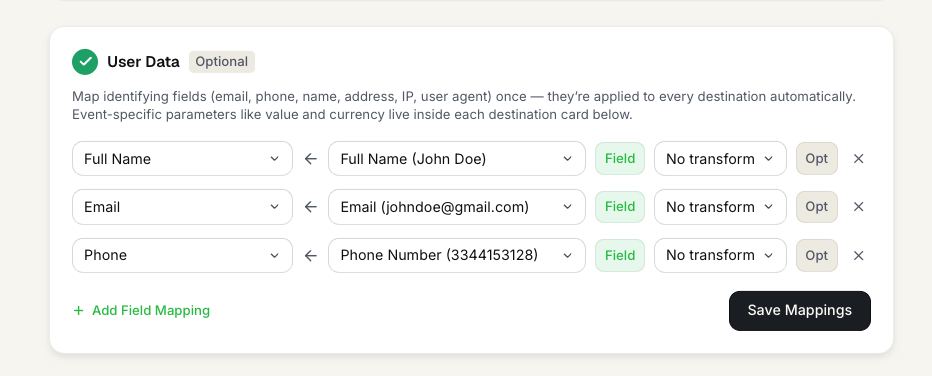 FunnelTrack User Data mapping Full Name, Email, and Phone from the Duda payload