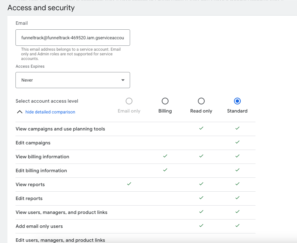 Google Ads Admin → Access and security → Users invite dialog with the FunnelTrack service account email entered at Standard access