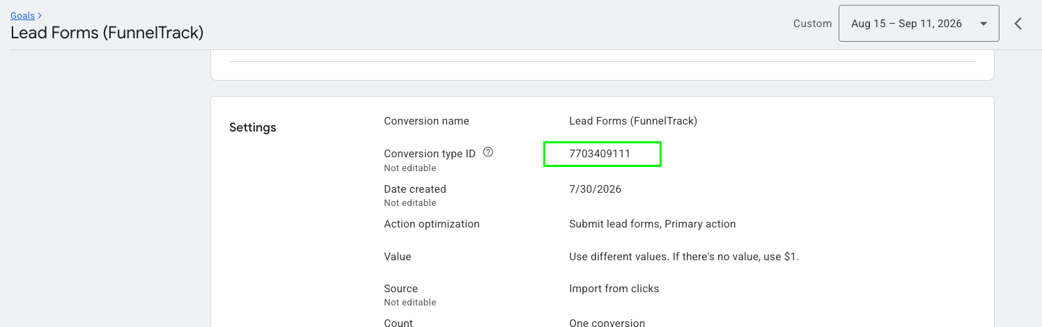 Google Ads conversion action settings section showing the Conversion Action ID