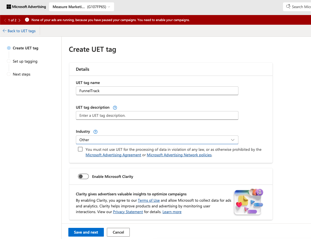 Microsoft Advertising Create UET tag page with the FunnelTrack name filled in
