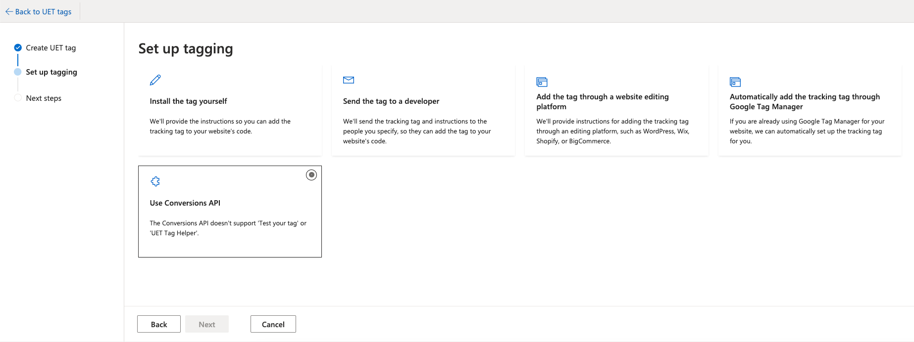 Microsoft Set up tagging page with the Use Conversions API option selected