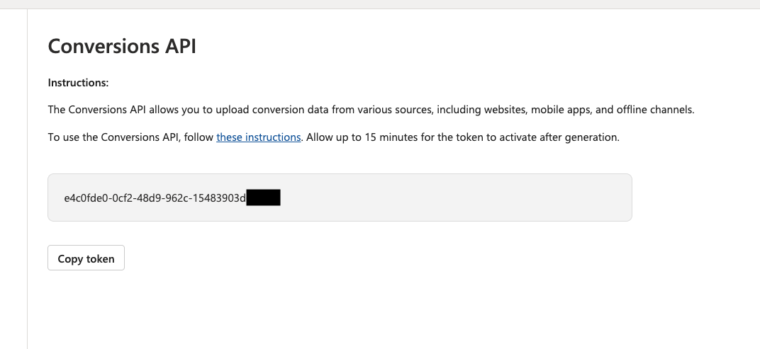 Microsoft Advertising Conversions API token screen showing the token value and Copy token button