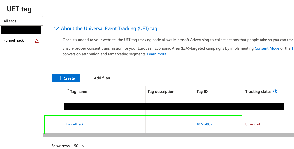 Microsoft Advertising UET tag All tags list with the FunnelTrack tag's Tag ID highlighted