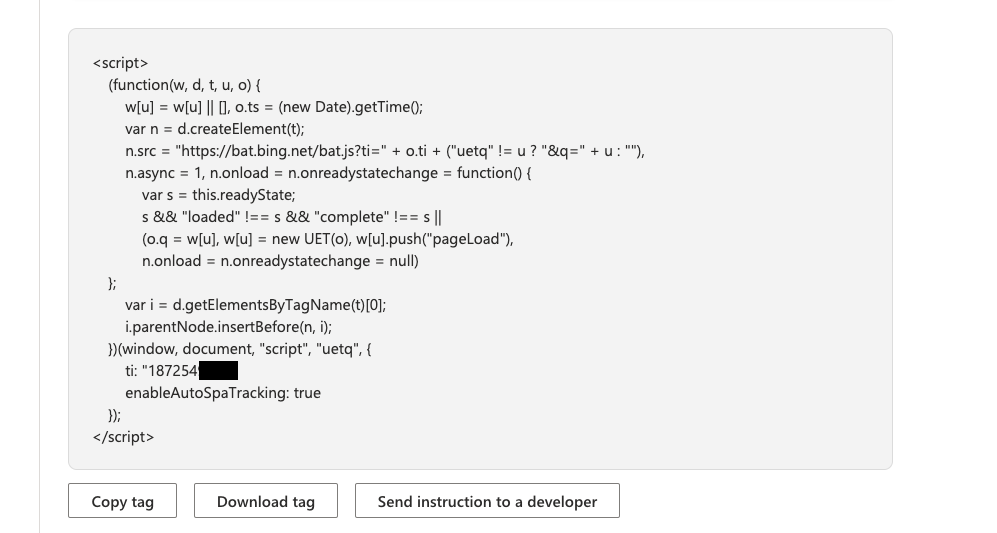 Microsoft UET base tag script snippet with Copy tag and Download tag buttons