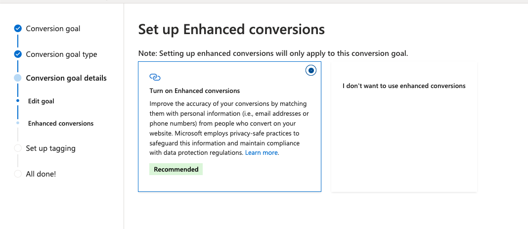 Microsoft Set up Enhanced conversions page with the Turn on Enhanced conversions option selected