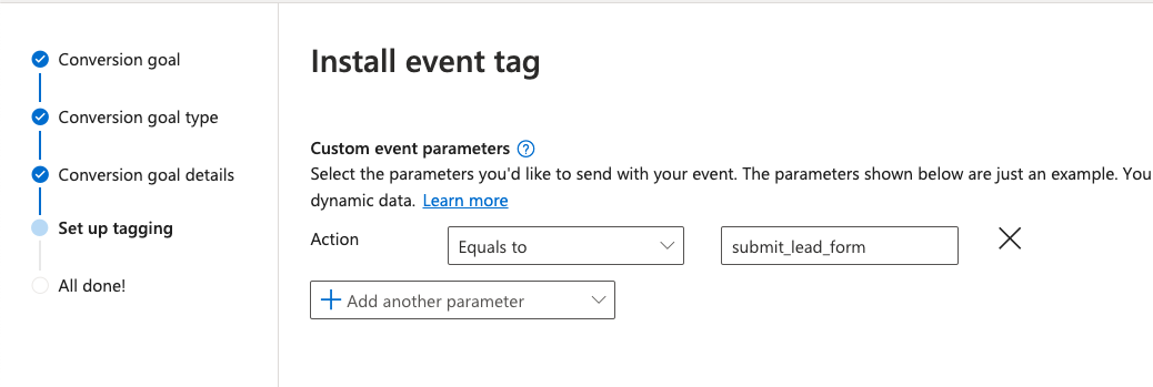 Microsoft Install event tag page showing a custom Action parameter with value submit_lead_form
