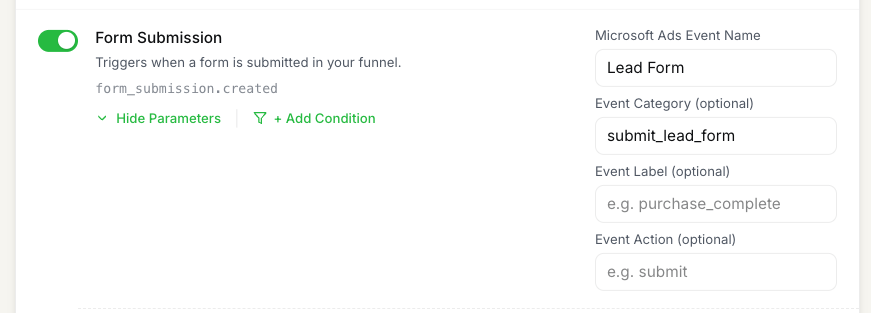 FunnelTrack Form Submission event card with Microsoft Ads Event Name, Event Category, Event Action, and Event Label fields