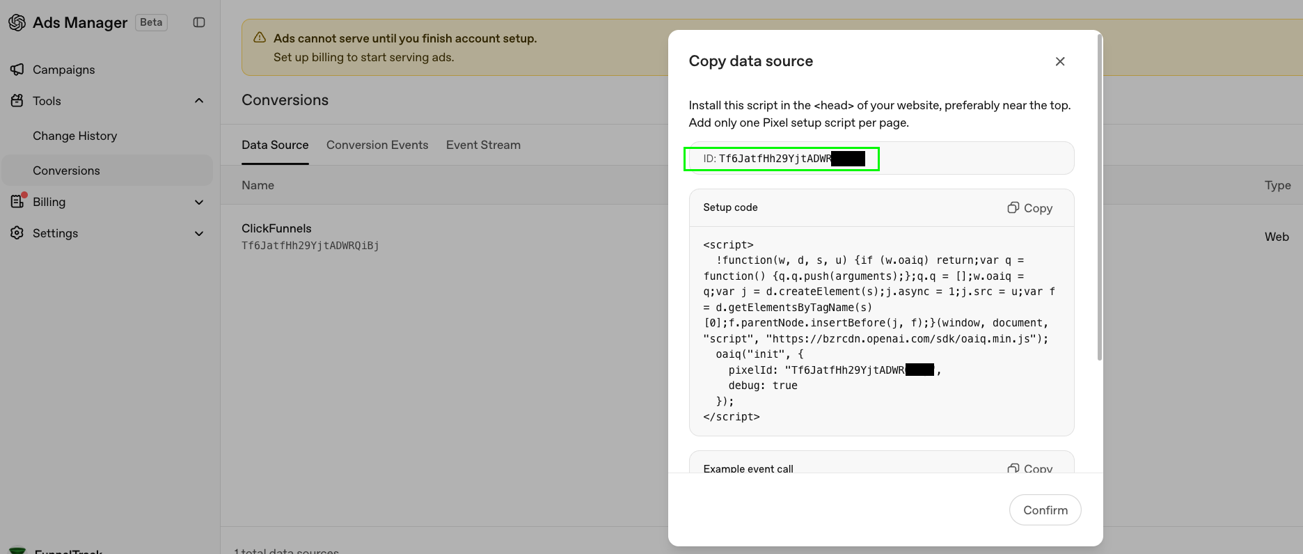 OpenAI Ads Manager Copy data source panel with the Pixel ID highlighted at the top