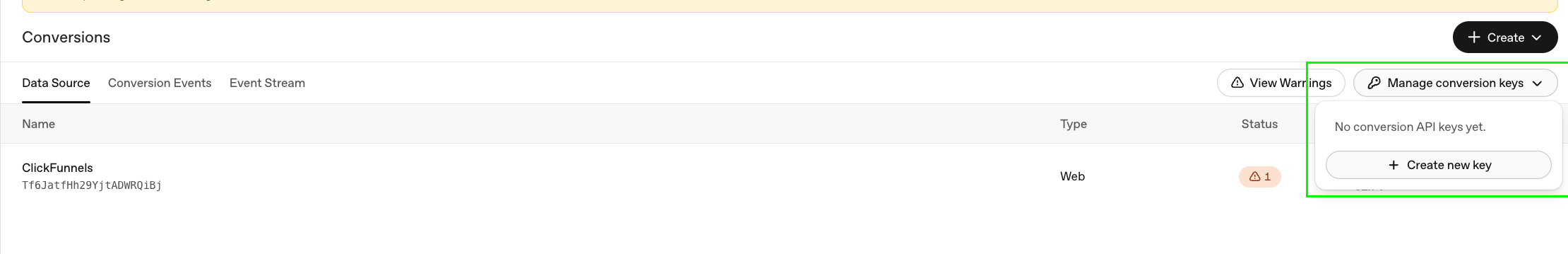OpenAI Conversions page showing the Manage conversion keys dropdown with the Create new key button