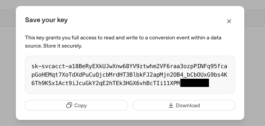 OpenAI Save your key modal showing the long sk-svcacct- conversion key