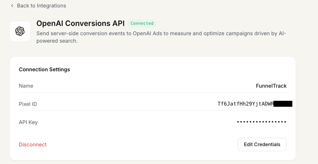 FunnelTrack OpenAI Conversions API page showing the Connected status