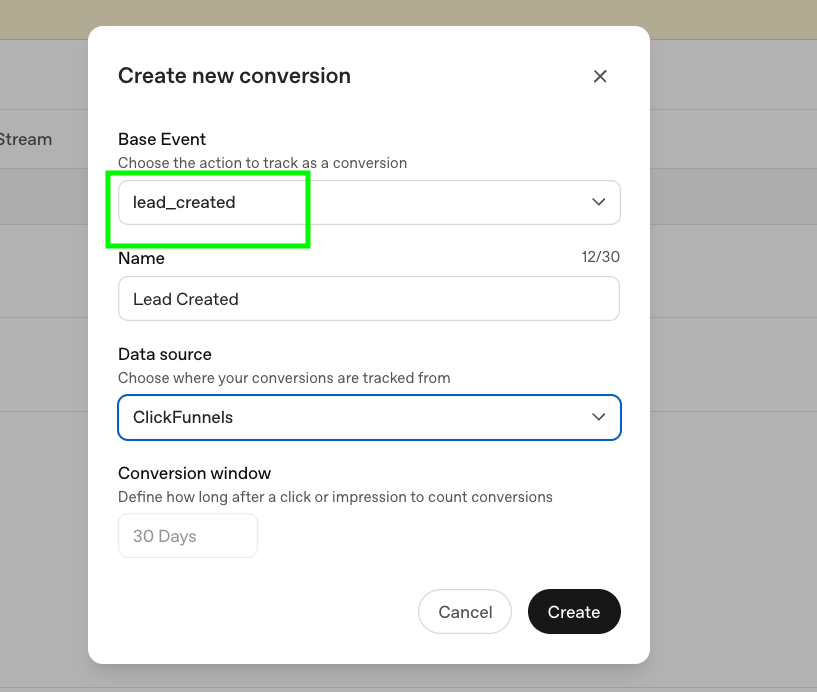 OpenAI Create new conversion modal with Base Event set to lead_created