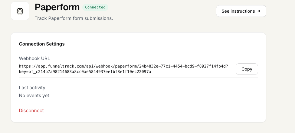 The FunnelTrack Paperform integration screen showing the workspace webhook URL to copy