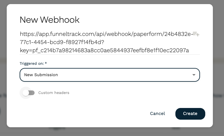 Paperform webhook settings with the FunnelTrack URL pasted as the endpoint