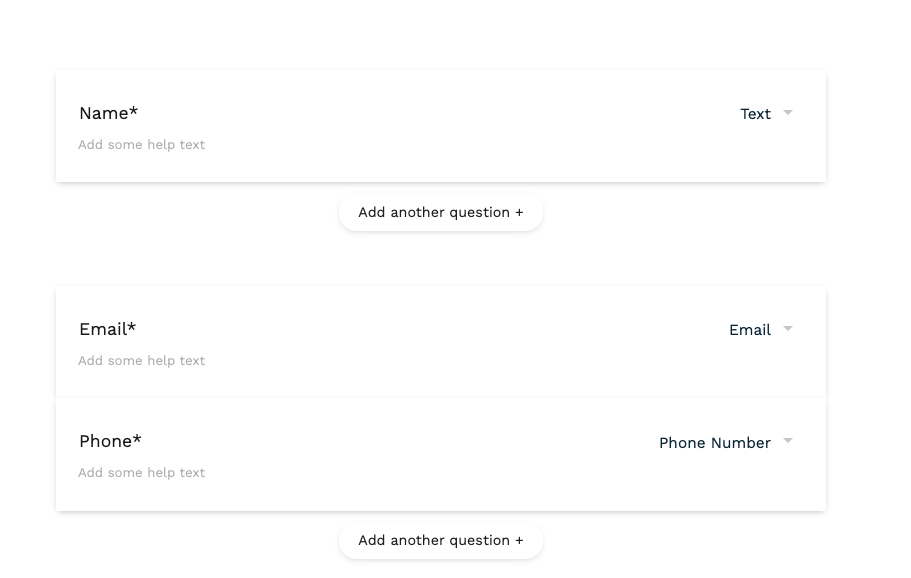 Paperform form editor showing field labels and types (email, phone, text)