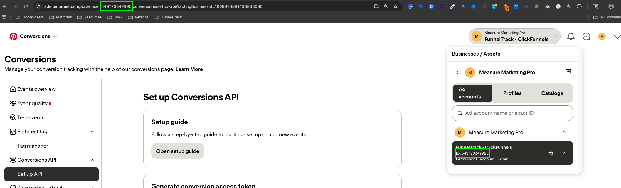 Pinterest Ads Manager with the Ad Account ID highlighted in the URL and on the profile card