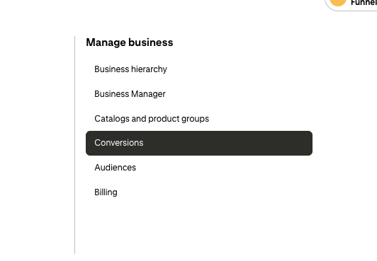 Pinterest Manage business sidebar with Conversions selected