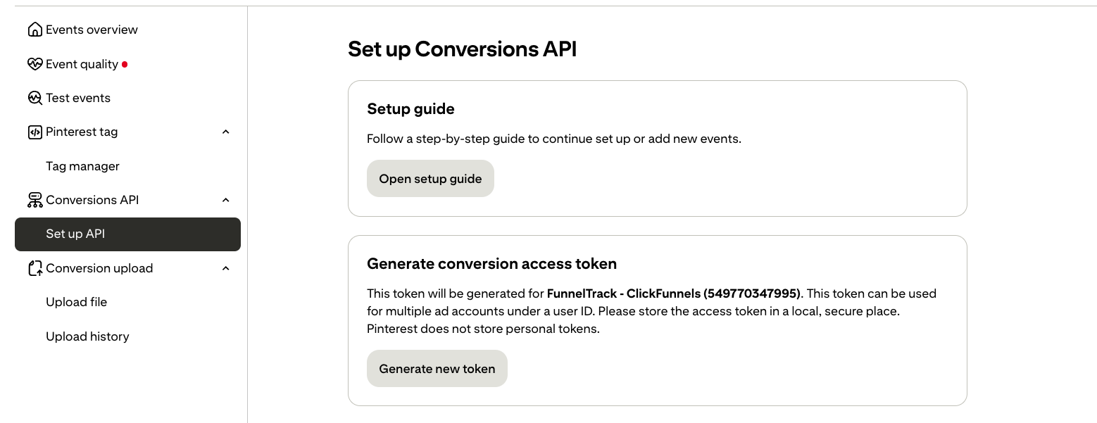 Pinterest Set up Conversions API page with Setup guide and Generate conversion access token sections